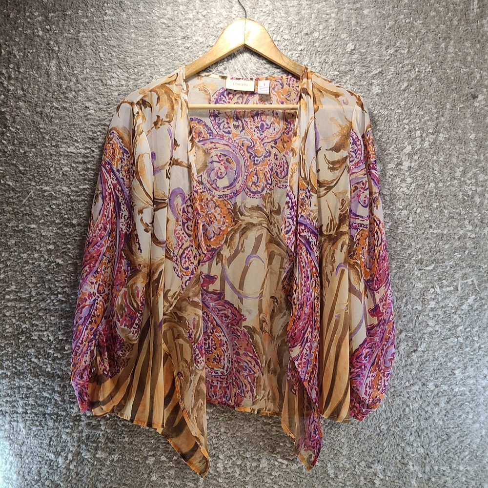 Chicos Sheer Cardigan Open Drape Front Size 1, M Artsy Lightweight